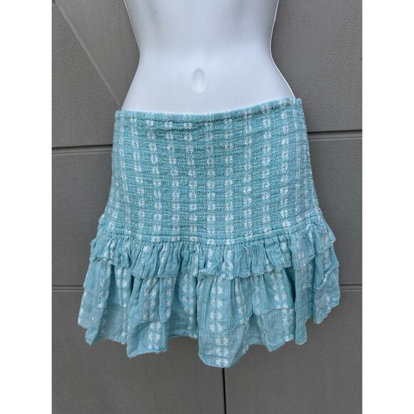 Saylor Womens Celina Smocked Ruffle Mini Skirt Turquoise Sz M Coquette Feminine - Picture 7 of 15